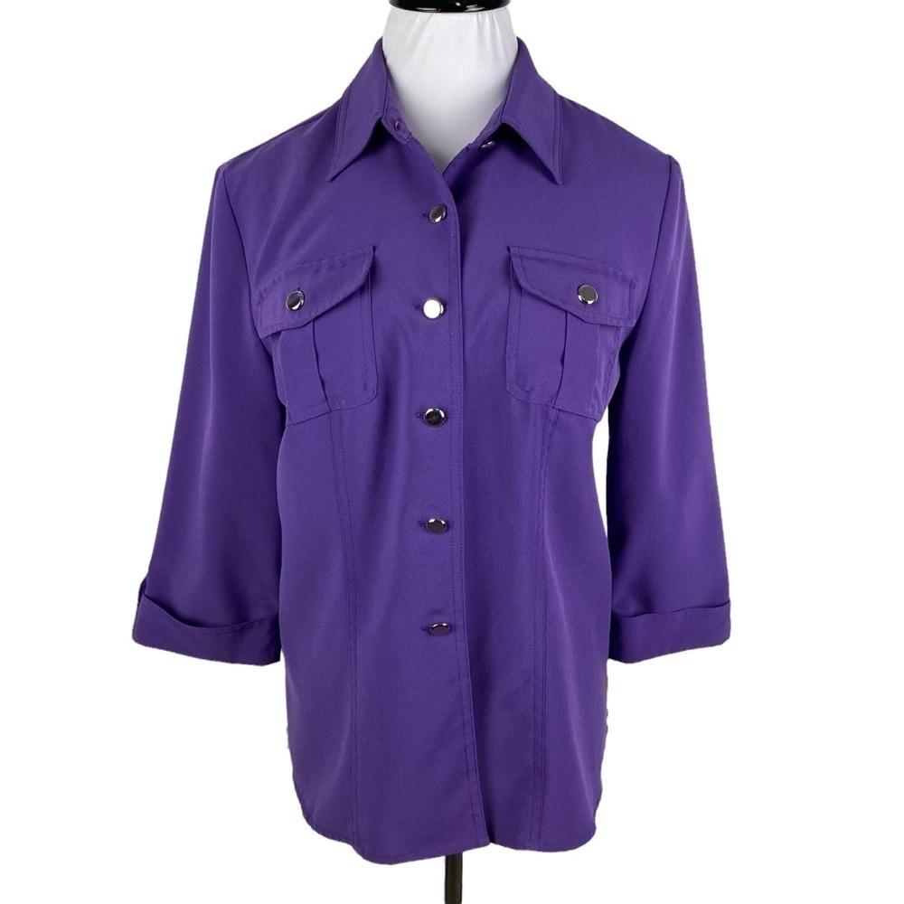 Sag Harbor Purple 3/4 Roll Tab Sleeve Button Down Blouse‎ Women's 8
